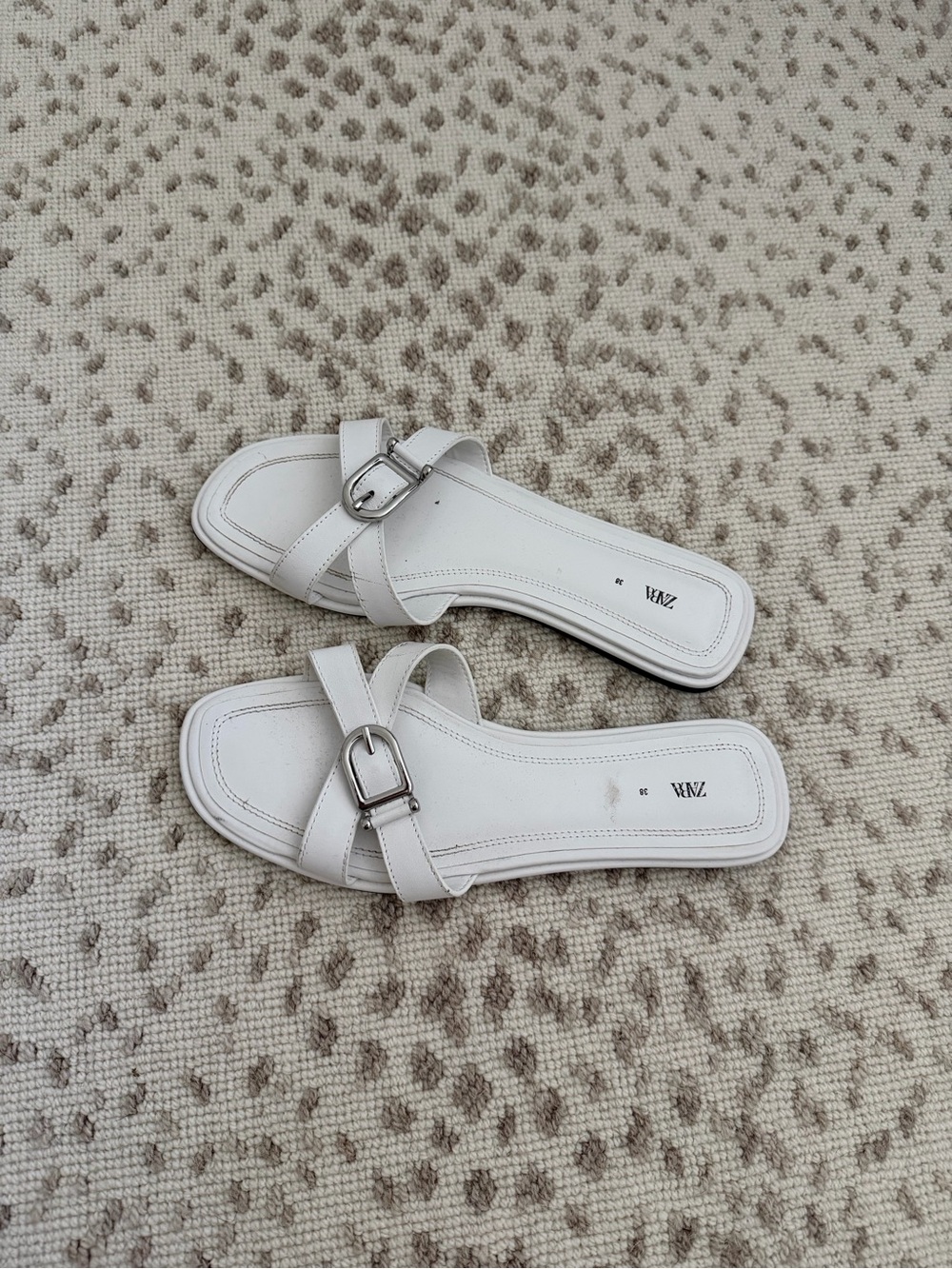Zara White Buckle Cross-Strap Slide Sandals